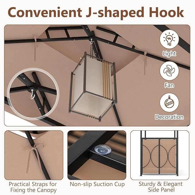 Tangkula 3-Piece Patio Bar Set, Grill Gazebo & 2 Bar Stools with Tempered Glass Bar Table, Metal Storage Shelves, Glass Holders, Double-Tier Soft Top Canopy BBQ Gazebo Shelter for Patio Garden (Brown)