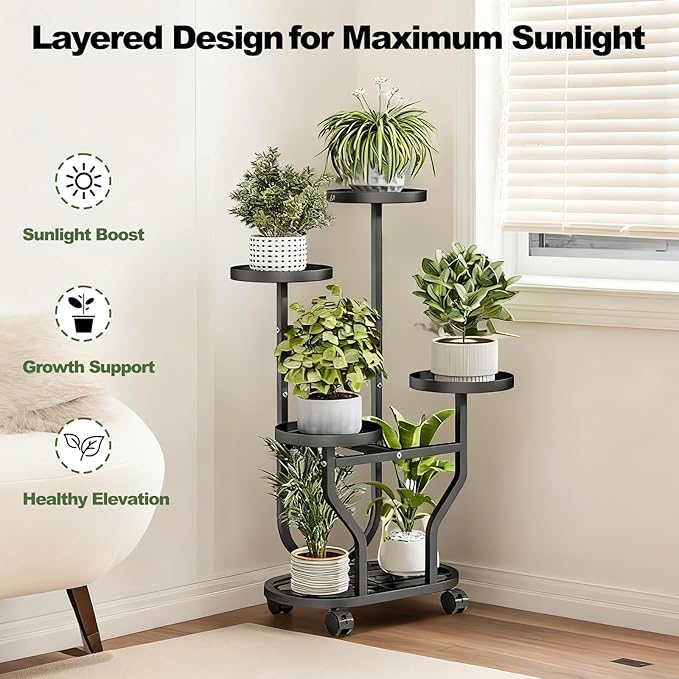 Plant Stand Indoor Outdoor 4 Tier Flower Holder with Wheels Metal Plant Shelf Corner Display Rack Multi Plants Sheleves for Living Room Garden Patio Black