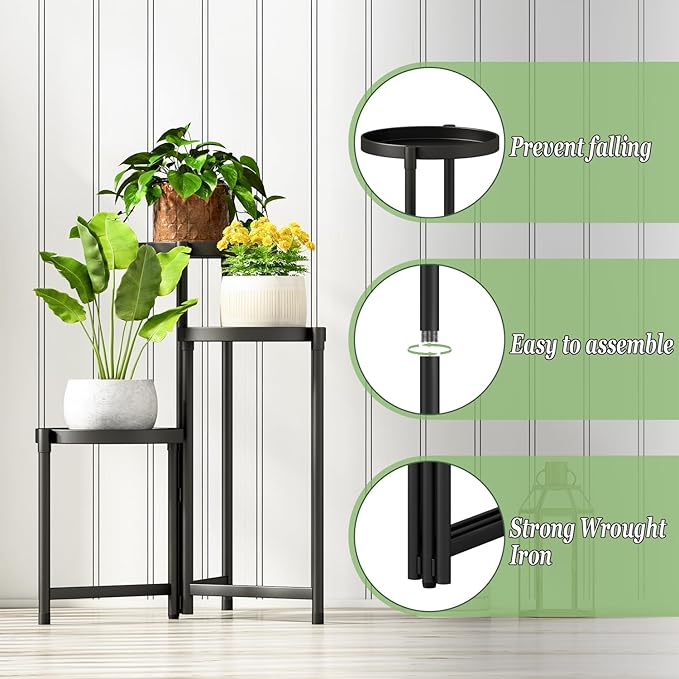 Plant Stand indoor outdoor-3 Tier black Tall Metal Flower Pot Holder 9in Wide Potted Display Rack - Heavy Duty Corner Plant Shelf for Patio Garden Balcony Living Bedroom Room