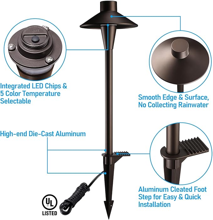 LEONLITE Update 5CCT Low Voltage Pathway Lights, 12-24V LED Landscape Path Light, 1800/2700/3000/4000/5000K, CRI90, IP65 Waterproof Landscape Lighting, Aluminum Housing, Oil Rubbed Bronze, Pack of 6