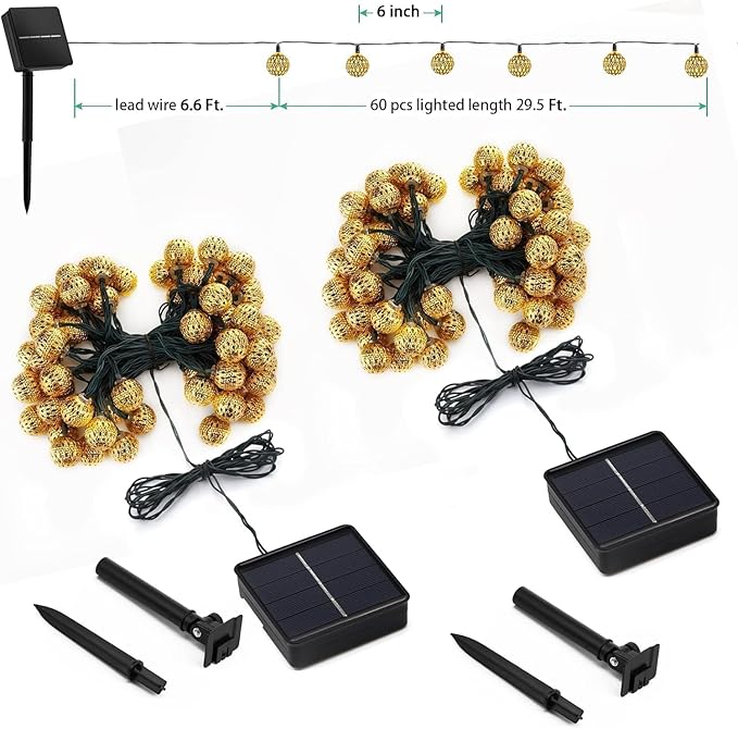 Brightown Solar Moroccan String Lights Outdoor 60 LED 36 Ft Globe Fairy Lights with 8 Lighting Modes, Waterproof Solar Powered String Lights for Garden Yard Gazebos Camping Party Holiday (Warm White)