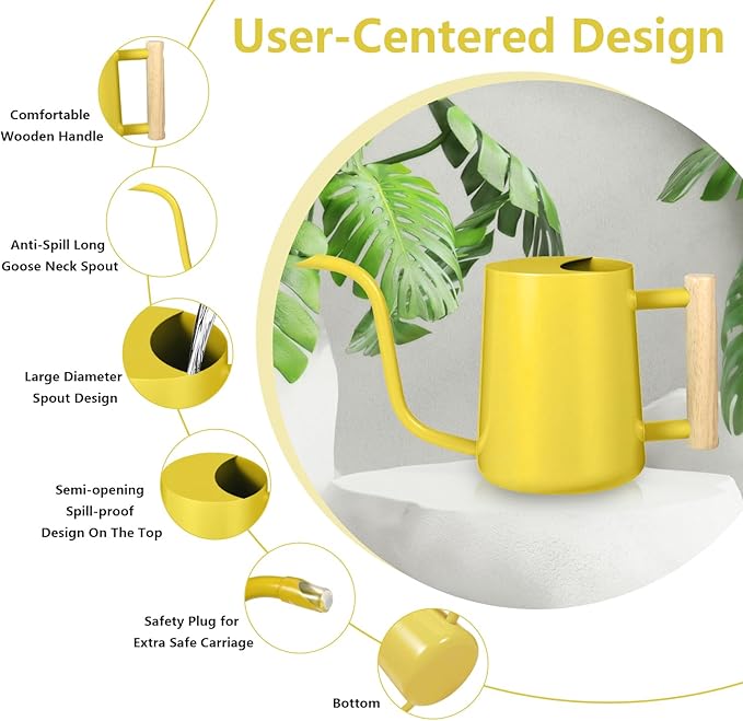 Watering Can Indoor Plants, 35oz Small Stainless Steel Metal Watering Can Modern Decorative Watering Pot with Long Spout for Indoor House Plant Bonsai Garden Flowers (Yellow)