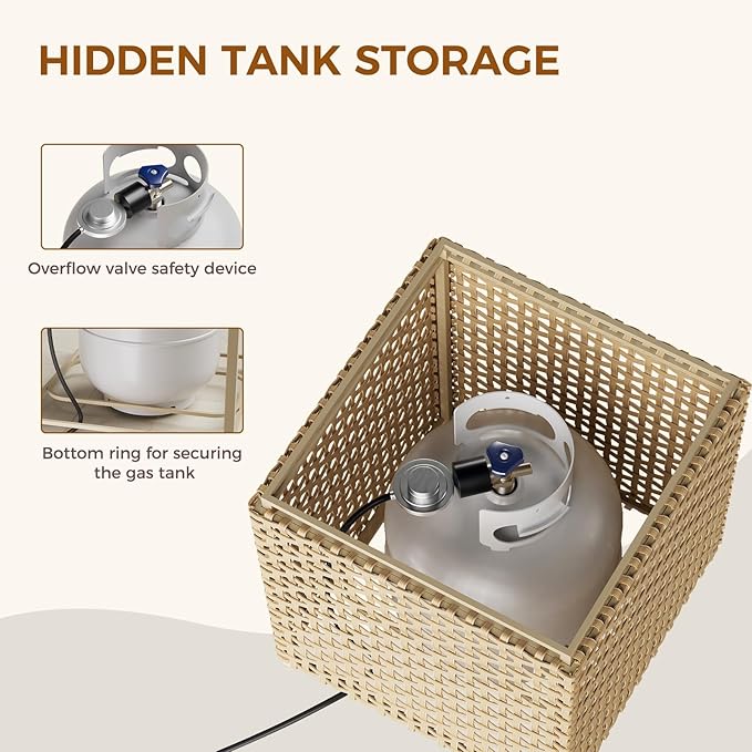 Grand patio 9-Piece Patio Furniture Set with 47" Fire Pit Table, Outdoor Conversation Set & 50,000 BTU 47 Inch Rectangle Propane Fire Pit & Storage Box with Water Resistant Thick Cushions, Cream