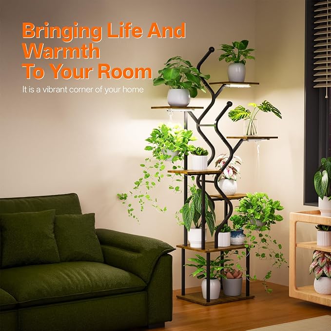 Bstrip 63 Inch Plant Stand with Grow Light, 7-Tier Indoor Plant Shelf with Hanging Hooks, Decor Corner Plant Stand for Living Room & Patio, Black