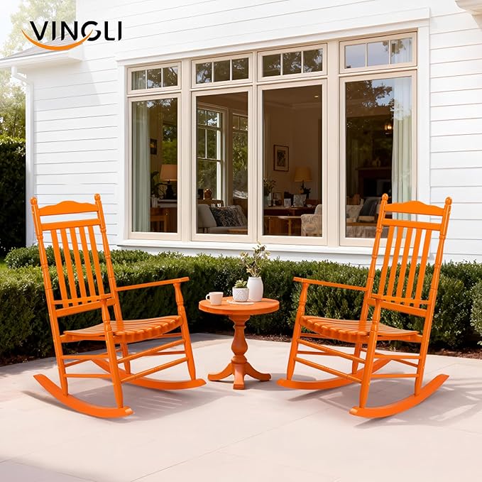 VINGLI Wooden Rocking Chair, Outdoor Chair with 450 lbs Support, Relaxing Rocker with Solid Wood High Back Seat Reclining Seat for Deck, Garden, Backyard, Porch, Indoor or Outdoor Use (Orange, 1PC)