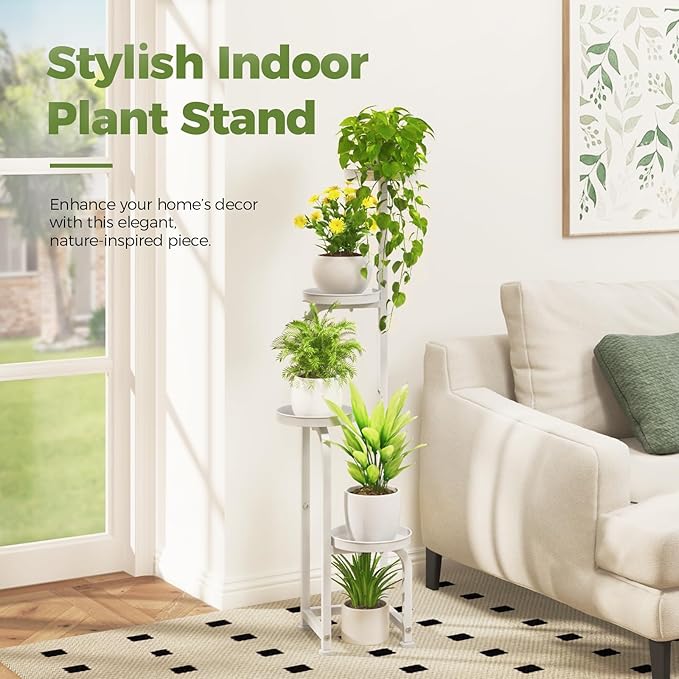 Bamworld Corner Plant Stand Indoor Outdoor, Tall Metal Flower Pot Stands for Multiple Plants, 4 Tier White Heavy Duty Plant Shelf for Patio Garden Balcony Living Room Bedroom(Patent Design)