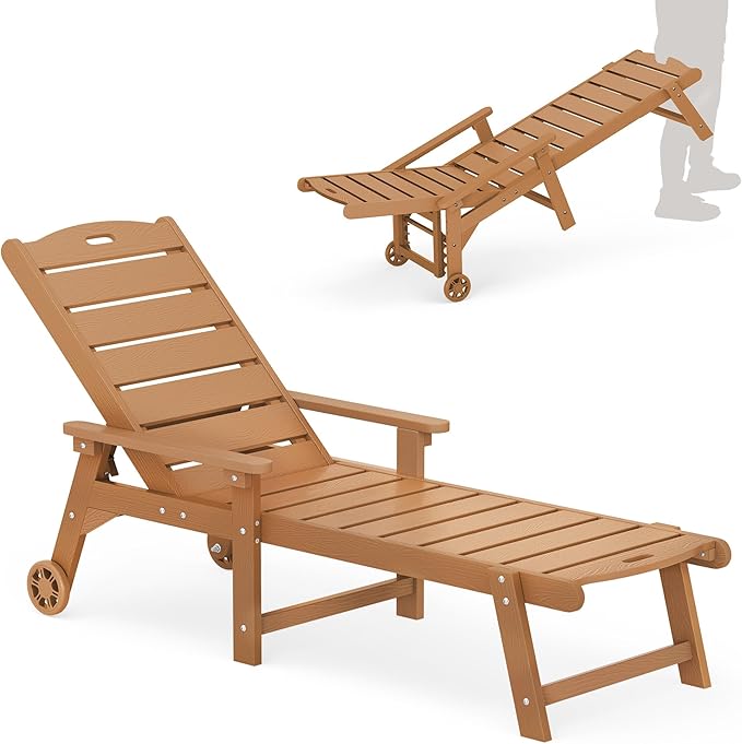 LUE BONA Outdoor Chaise Lounge, HDPS Chaise Lounger, 5 Positions Adjustable Lounge Chairs, Pool Lounge Chair with Wheels for Poolside, Backyard, Teak Color