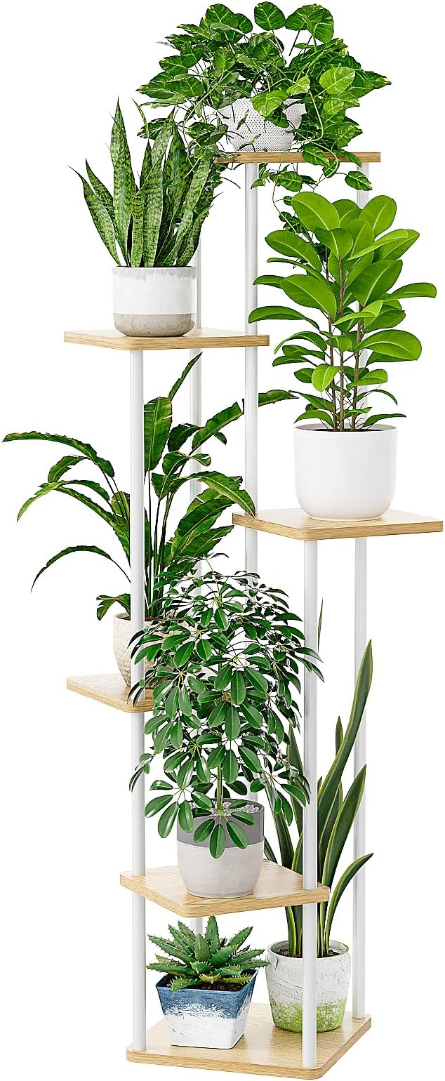 Bamworld White Plant Stand Indoor 6 Tier Metal Plant Shelf for Multiple Plants Tall Flower Stand for Patio Garden Balcony Living Room Bedroom