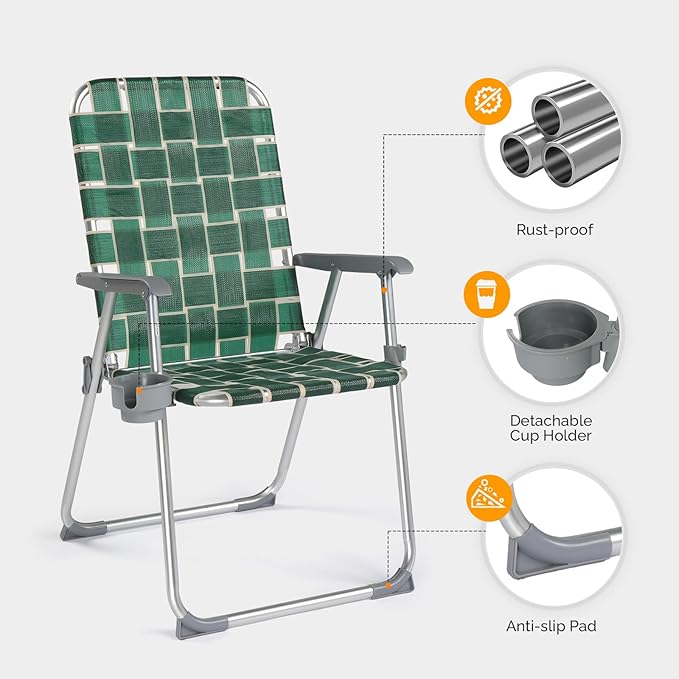 VINGLI Folding Aluminum Webbed Lawn Chairs with Detachable Cup Holder, High Beach Chair for Adults Heavy Duty, Portable Patio Chair, Camping Chair for Yard, Garden, 2 Pack