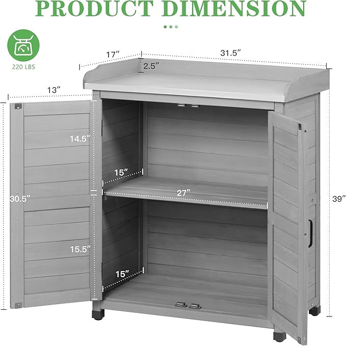 Outdoor Potting Bench with Storage Cabinet and Metal Top, Wood Workstation for Outdoor Patio, Garden (Classic Grey, 31.5x17x39‘’)