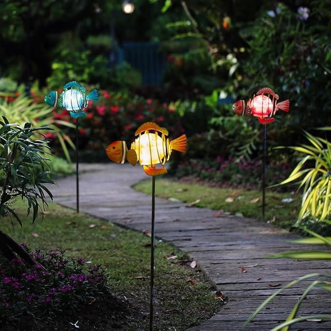 Fish 3Pack 21.3''H Outdoor Figurine Lights, Multicolor Clownfish Solar Garden Decor with Led Lights, Decorative Garden Stake for Yard, Patio, Lawn