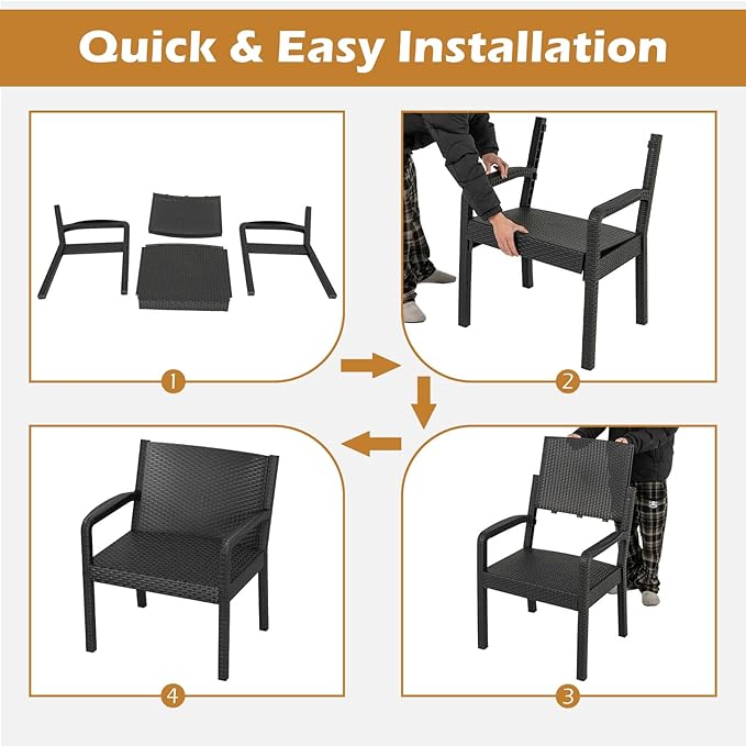 COSTWAY 3 Piece Patio Furniture Set, Outdoor PP Rattan Wicker Furniture Set with 2 Modern Rattan Armchair and 25” Squire Side Table for Patio, Garden, Poolside, Bistro, Black