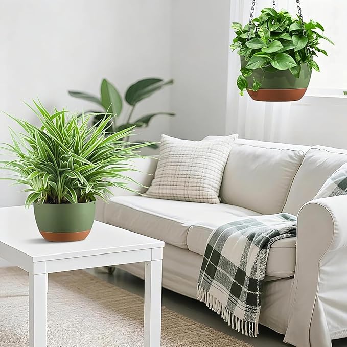 Hanging Planters for Indoor Plants, Set of 2 8/10 Inch Self-Watering Hanging Pots with Drainage Hole & Removable Water-Storage Tray II Screw-in Hooks