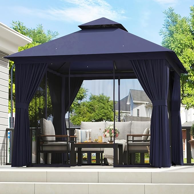 Aoxun Outdoor Gazebo for Patio 10x10 Metal Frame Canopy with Double Roofs Heavy Duty Party Tent and Shelter with Mosquito Netting and Privacy Screen for Backyard, Lawn, Garden, Deck (Navy Blue)