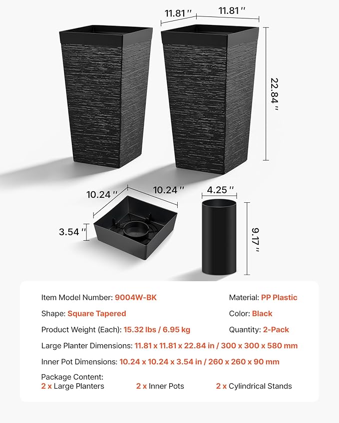 VEVOR Set of 2 Tall Planters for Outdoor Plants 23 inch, Black Tall Planter for Indoor Plants, Modern Planters for Front Porch Patio Balcony, Plant Container Flower Pots with Built-in Drainage