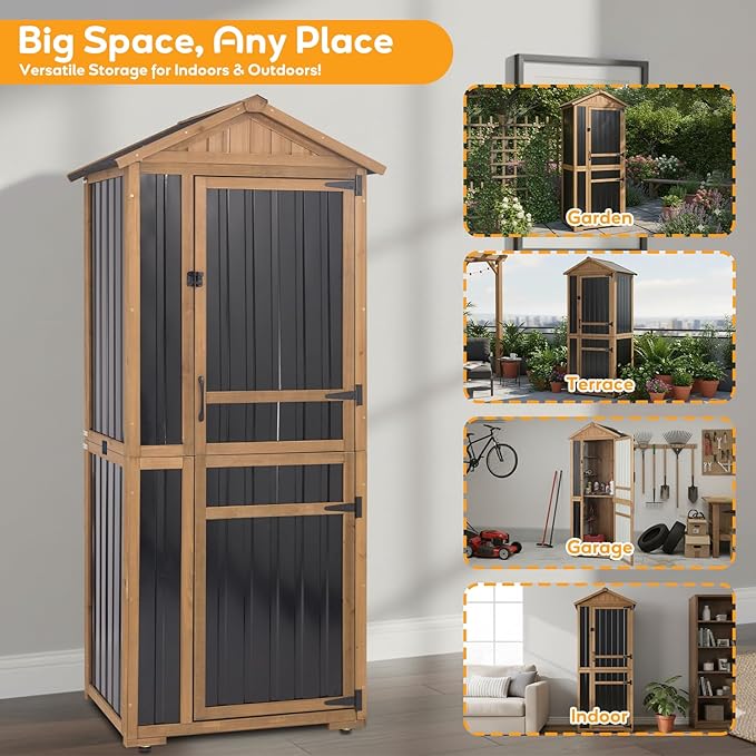 Outdoor Storage Cabinet, Wood & Metal Garden Shed with Waterproof Asphalt Roof, Patio Organizer with 3 Fixed Shelves & Removable Shelf for Long Tools, Lockable Magnetic Doors for Backyard Garage Pool