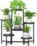 iDavosic.ly 6 Tier Folding Plant Stand Indoor Outdoor with Plastic Tray, Tiered Corner Flower Holder Shelf, Metal Orchid Display Rack for Patio Porch Living Room Garden Balcony, Modern Black