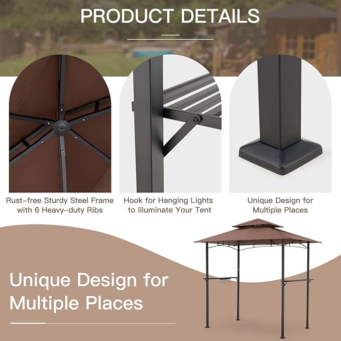 AECOJOY 8' x 5' Outdoor Grill Gazebo Canopy, BBQ Canopy for Outdoor Grill, 2- Tier BBQ Grill Gazebo Shelter for Patio, Backyard and More (Brown)