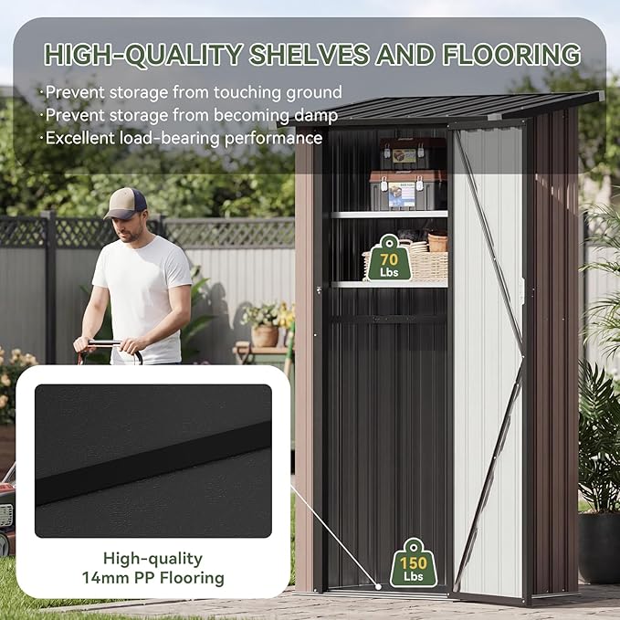 Aoxun Outdoor Storage Shed with Floor - Vertical Cabinet with 2 Adjustable Shelves & Lockable Doors, Waterproof Small Tool Shed, for Backyard Garden Patio Lawn Indoor, Brown