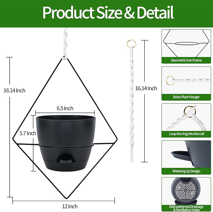 Hanging Planters for Indoor Plants, 2 Set Self Watering Hanging Flower Pots, Modern Hanging Plant Baskets with Metal Plant Holder & 6.5 Inch Plastic Pots for Garden Home Decor (Black)