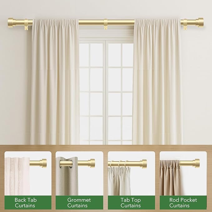 Time Forest Curtain Rods for Windows 28 to 48, 1 Inch Adjustable Gold Heavy Duty Long Window Curtain Rod for Bedoom Living Room, Modern Drapery Rods with Simple End Caps, Size 32"-60"