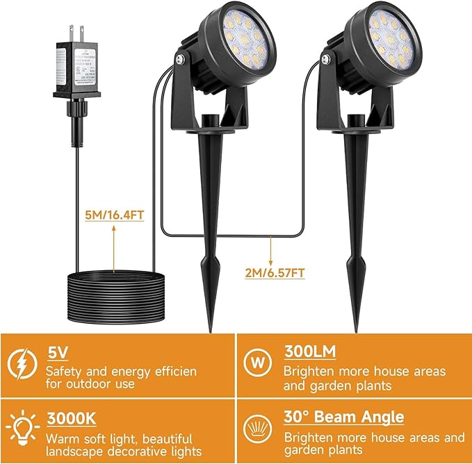 Warm White Spot Lights, Outdoor 3000K LED Spotlights, Outside Landscape Lighting IP65 Waterproof Garden Uplights for Lawn Front Porch Driveway Decorative, 2 Lights