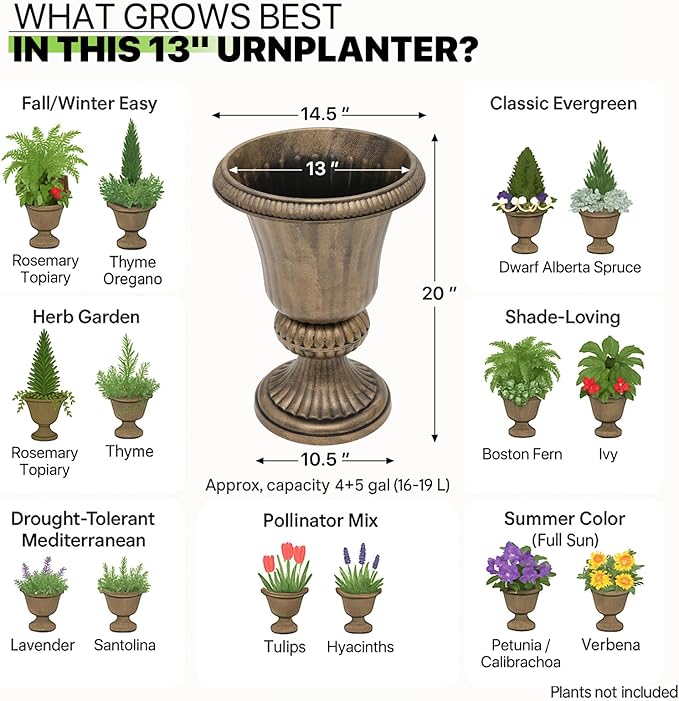 Magshion 20" Urn Planters for Outdoor Plants, Large Decorative Front Porch Planters Set of 2, Weatherproof Tall Plastic Flower Pots for Garden, Patio & Entryway Décor, Antique Brass