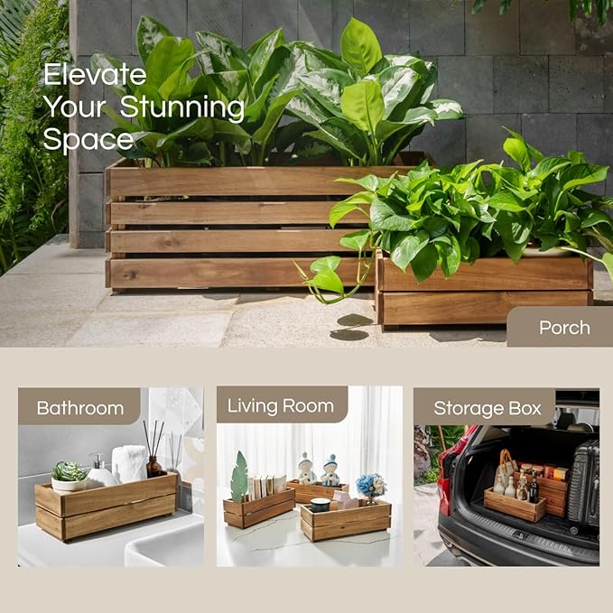 Wooden Planter Box, Storage Box 17”L x6”W x5.5”H with Crate Style, Acacia Wood Flower Container, Rustic Rectangle Planter for Planting, Decor and Storage - 3 Colors (Golden Teak)