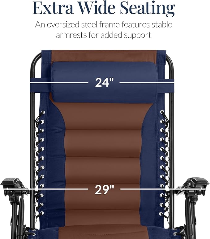 Best Choice Products Oversized Padded Zero Gravity Chair, Folding Outdoor Patio Recliner, XL Anti Gravity Lounger for Backyard w/Headrest, Cup Holder, Side Tray, Polyester Mesh - Navy/Brown
