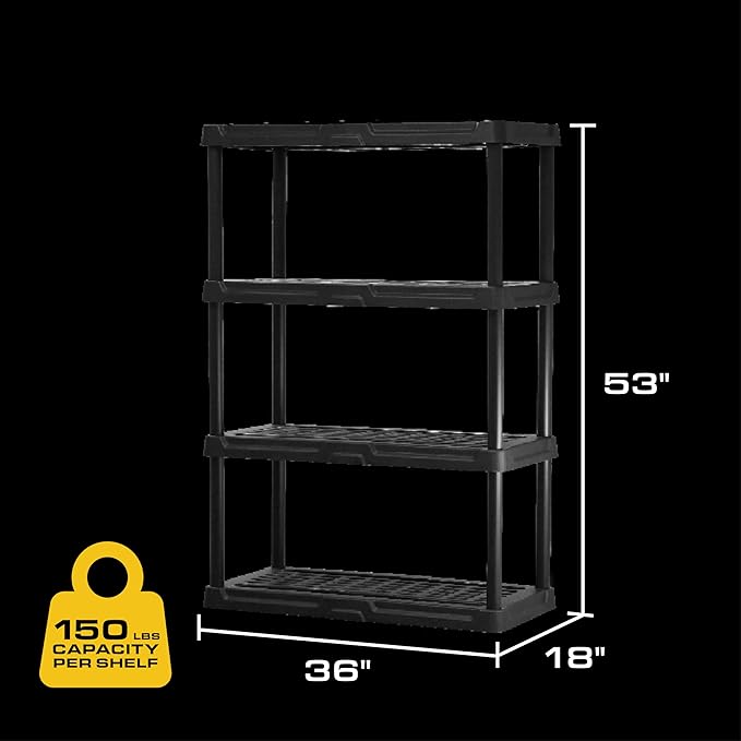 CENTREX CX 4-Tier Heavy Duty Plastic Storage Shelves that Support up to 150lbs/shelf, Organization and Storage, Weather-Resistant Design, Easy Assembly, 2 Pack, Black (53”H x 36”W x 18”D)