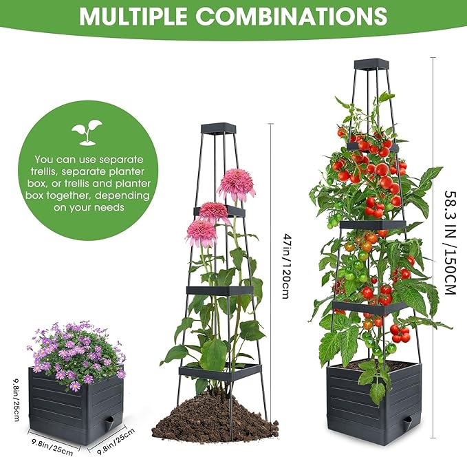 2 Pack Raised Garden Bed Planter Box with Trellis, 58” Tomato Cage Planter Raised Garden Bed with Trellis for Climbing Vegetables Plants Tomato Cage w/Self-Watering, Indoor Outdoor Use