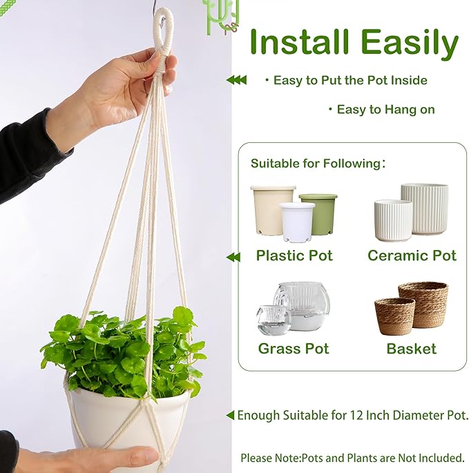Macrame Plant Hangers Indoor Macrame,4 Pack Hanging Planter Holder for Window,Ceiling Crochet Handmade Boho Home Decor Set for Hanging Plants Basket Pot,Ivory