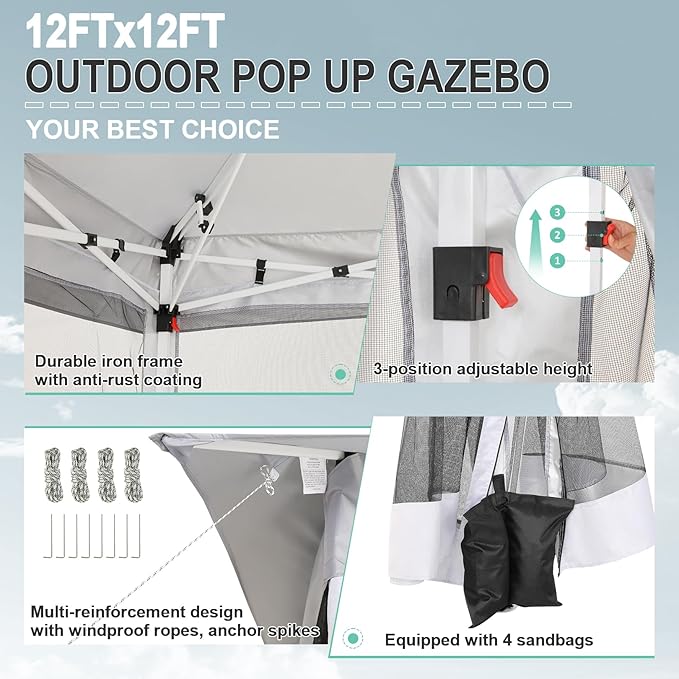 COBIZI 12x12 Pop up Gazebo on Clearance with Mosquito Netting, carpas para Patio Deals, Outdoor Canopy Tent with Portable Carrying Bag, Patio Gazebo for Garden Backyard & Lawn & Beach, Grey
