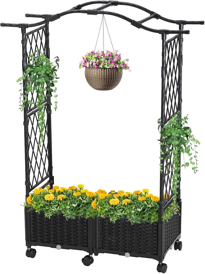 Planter Box with Trellis Outdoor, 57in Plastic Raised Garden Bed with Trellis Hanging Roof for Vine Flower, with Lockable Wheels & Drain Plug for Patio Backyard Balcony, Black, 1 Pc