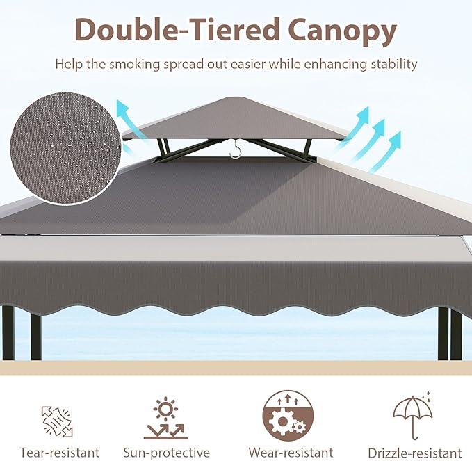 Tangkula 3 Piece Patio Bar Set, Grill Gazebo & 2 Foldable Bar Stools with Awning, Metal Storage Shelves, Glass Holders, Double-Tier Outdoor Shelter for Patio Poolside Garden Backyard (Gray)