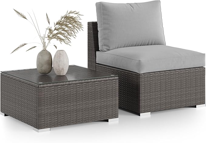 Wisteria Lane 2 Pieces Patio Furniture Sets, Outdoor Sectional Furniture with Armless Sofa, Tempered Glass Table and Cushion, Patio Conversation Sets for Garden Backyard, Grey