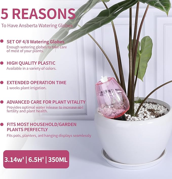 8 Pcs Plant Watering Globes Self Watering Planter Insert Plants Top Fill Water Device Plastic Water Bulbs Slow Release Terracotta for Plants, Pink