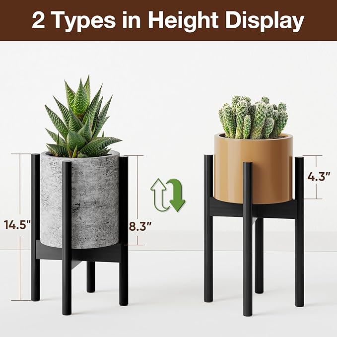 MUDEELA Plant Stand for Indoor Plants: Adjustable Width Fits 8-12 Inch Pots - Mid-century Modern Bamboo Plant Stand - 14.5 Inch Single Tier Small Floor Plant Holder, Black, 2 Pack (Without Pot)