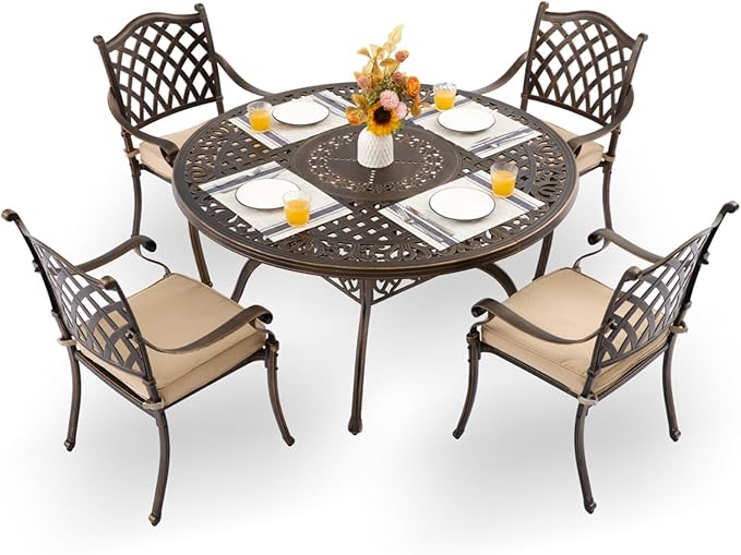 5-Piece Cast Aluminum Patio Furniture, Outdoor Dining Sets for 4 Include 54" Round Patio Dining Table and 4 Stackable Chairs with Cushions & Umbrella Hole (Bronze)