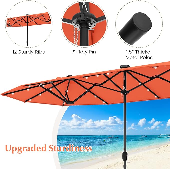 Tangkula 9 Pieces Rattan Outdoor Dining Set with 13Ft Solar Patio Umbrella for 6, Outdoor Wicker Table Set with 8 Cushioned Chairs, Acacia Wood Top, Outdoor Umbrella with Base Included