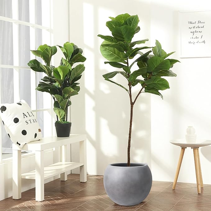 13.5 H x 17" Dia (12" Pot Opening) Round Fiberstone Planter with Drainage Hole, Gray, Indoor/Outdoor Large Plant Pot for Home Patio Garden, Ideal for Large Plants