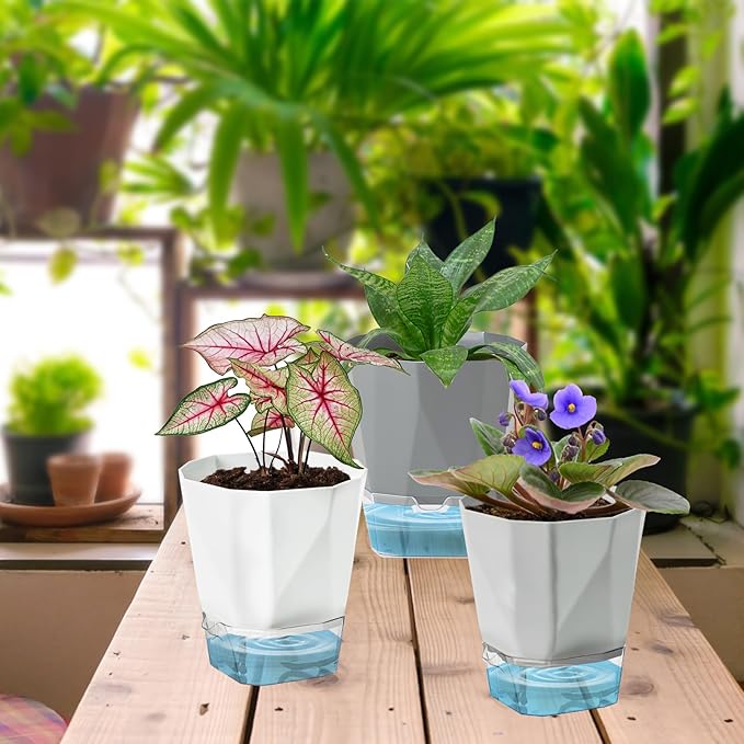 3 Pack Self Watering Flower Pots 6.5 Inch, Plant Pots for Indoor Outdoor, Self Watering Planters with Wick Rope and Clear Reservoir