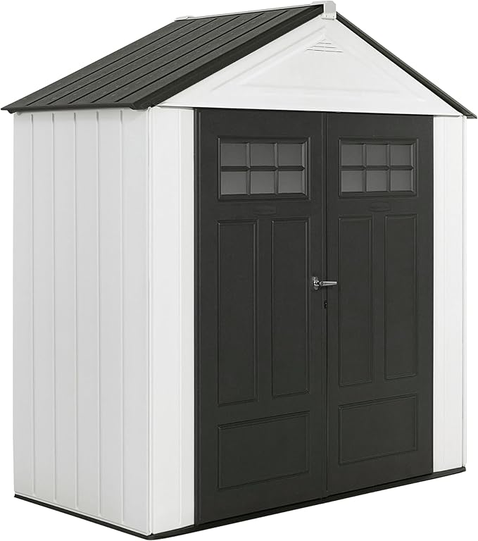 Rubbermaid Resin Outdoor Storage Shed With Floor (7 x 3.5 Ft) Weather Resistant, White, Organization for Home/Backyard/Garden Tools/Lawn Mower/Bike Storage/Pool Supplies