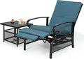 Oakcloud Adjustable Outdoor Lounge Chair Metal Patio Relaxing Recliner Chair Set with Bistro Table and Removable Cushions(Peacock Blue)