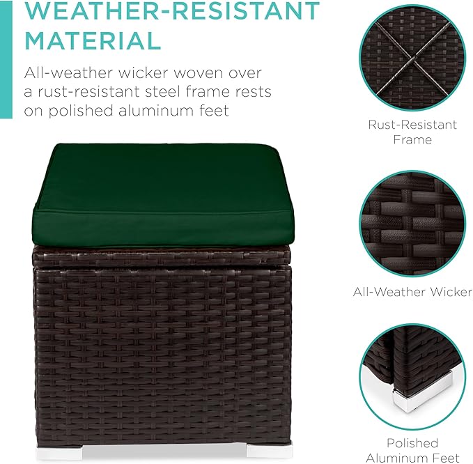 Best Choice Products Set of 2 Wicker Ottomans, Multipurpose Outdoor Furniture for Patio, Backyard, Additional Seating, Footrest, Side Table w/Storage, Removable Cushions - Midnight Green/Brown
