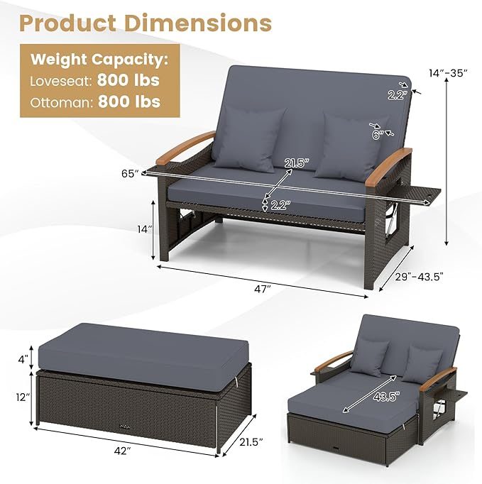 Tangkula Patio Rattan Daybed with 4-Level Adjustable Backrest, Outdoor Wicker Loveseat with Acacia Wood Armrest, Storage Ottoman & Folding Tray, Double Sunbed for Lawn Yard & Poolside, Grey & Brown