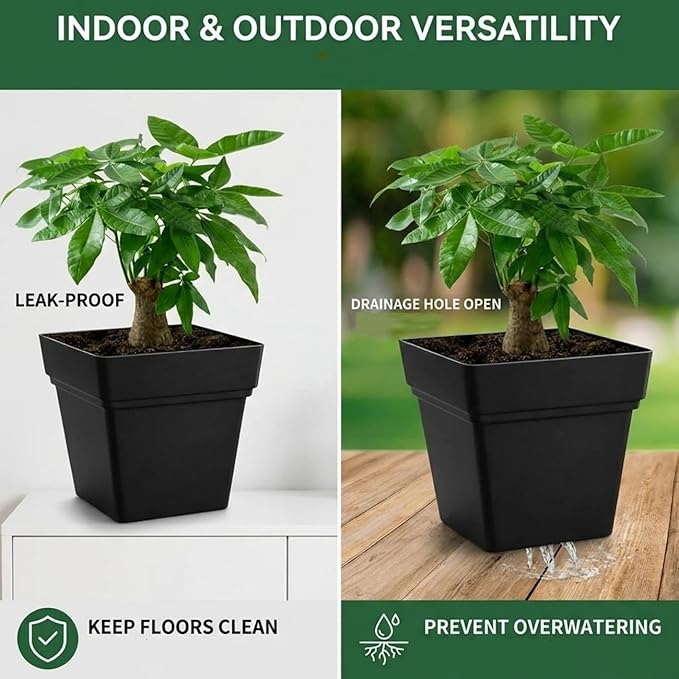 6-Pack 7'' Square Planters with Built-in Drainage Tray – Heavy-Duty Black Plastic Planter with Drainage Hole and Bottom Stopper, BPA-Free Plant Pots Matte Finish for Indoor Outdoor