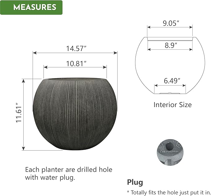 11.8" H X 14.5" D Round Plastic Planter with Drainage Hole & Plug, Large Lightweight Plant pot ,Recyclable ,Durable, Weather/UV Resistant for Indoor Outdoor, (8.9" Opening), Vintage Black