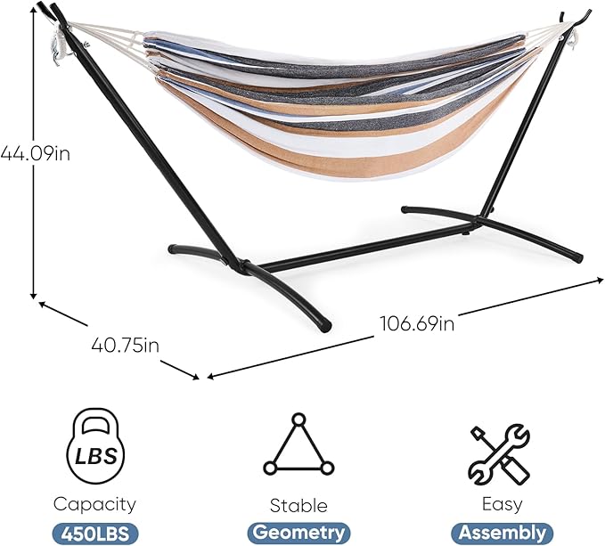 DUMOS Double Hammock with Space Saving Stand, Heavy Duty Steel Frame, Portable for Outside & Indoor Use, 450lbs Capacity, Easy Assembly, Carrying Bag Included, Beige