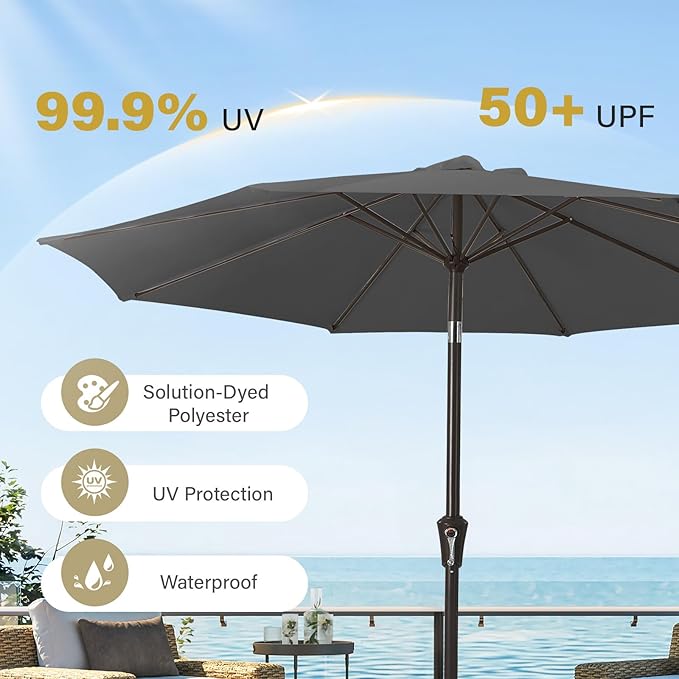 MEWAY 9ft Patio Umbrella Outdoor Table Umbrellas with Push Button Tilt and Crank, Market Umbrella 8 Sturdy Ribs for Deck, Garden, Pool and Backyard, Gray